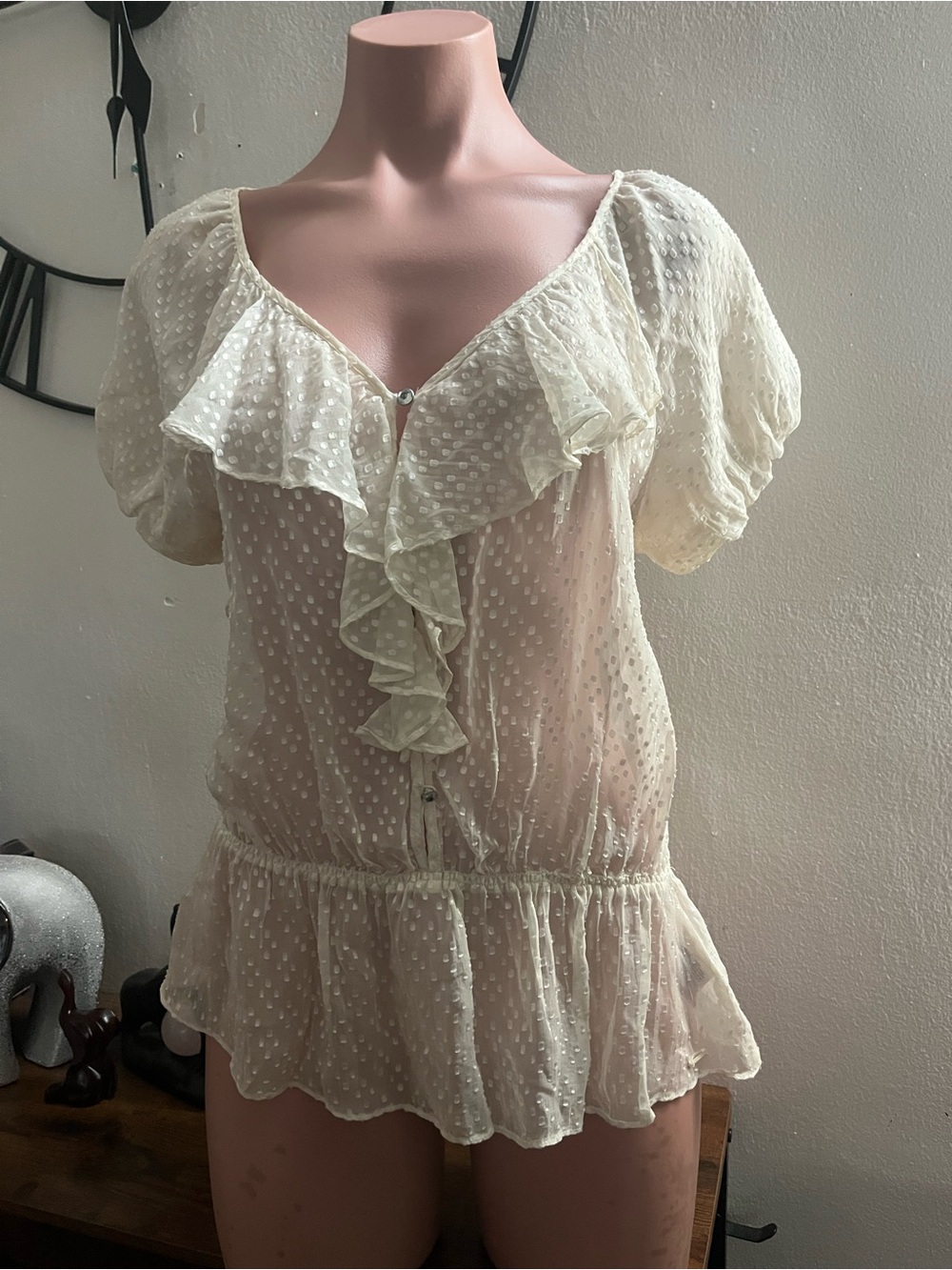 #326 Guess Cream Sheer Swiss Dot Ruffle Peplum Blouse